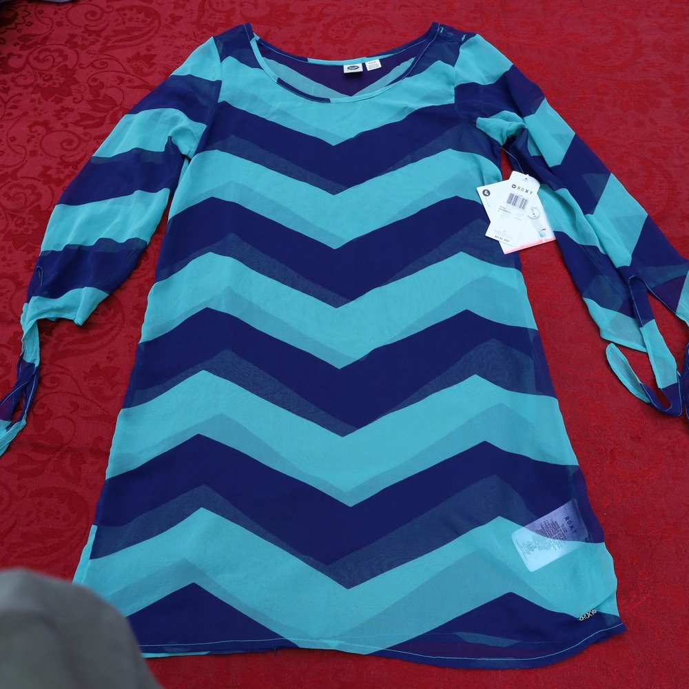 Roxy La Luna Chevron Shift Dress Womens Medium Blue Teal NWT ARJWD00102